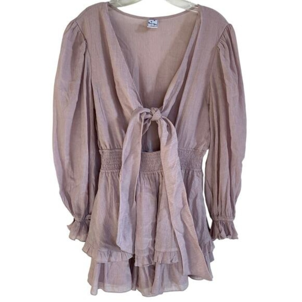 Angel Biba Mauve Ruffle Mini Romper Dress Long Balloon Sleeve Front Tie Small - Picture 7 of 14
